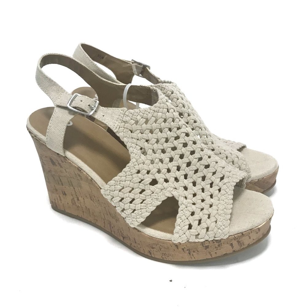 NWOT SO Natural Taffy Canvas Peep Toe Wedge Sandals Women's Size 9.5